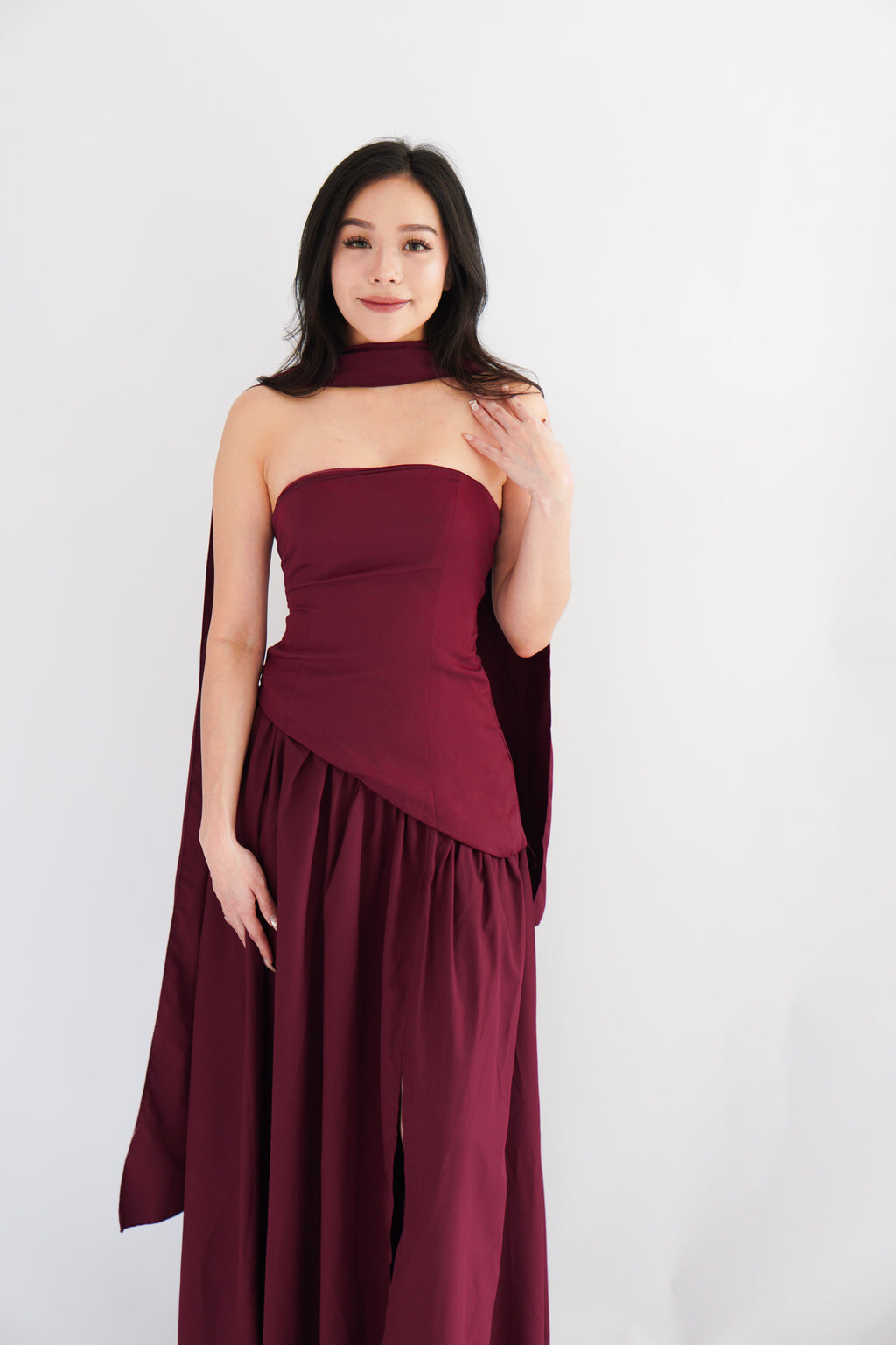 Dephora Tube Maxi Asymmetrical Dress with Sash in Dark Red