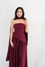 Dephora Tube Maxi Asymmetrical Dress with Sash in Dark Red