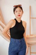 Basic Halter Ribbed Top in Black