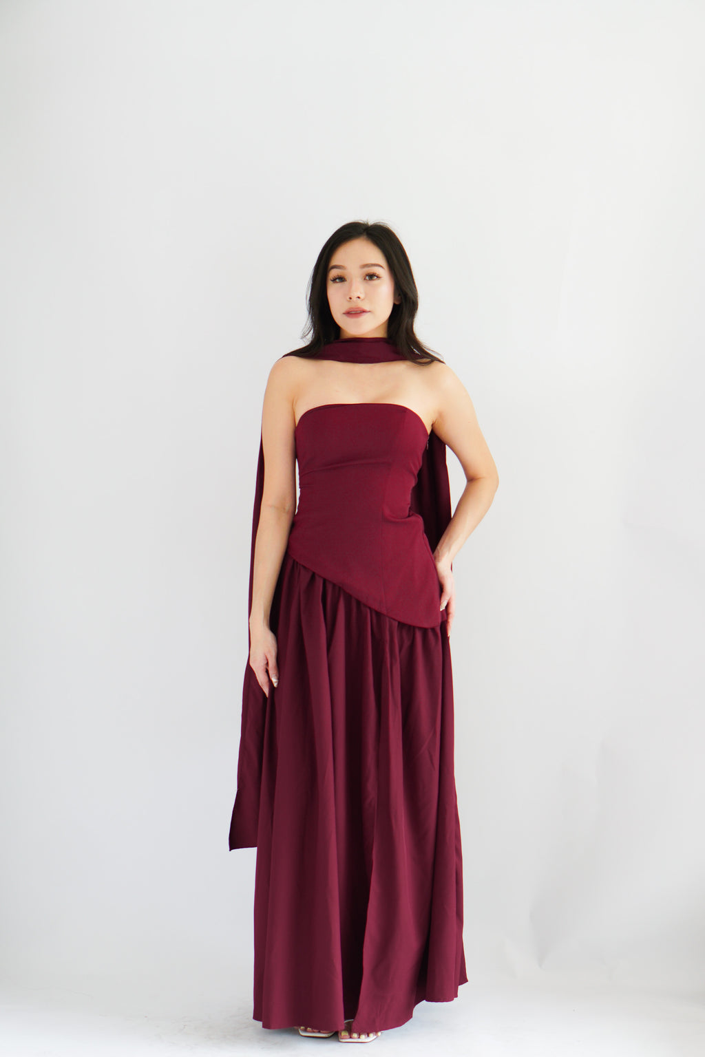 Dephora Tube Maxi Asymmetrical Dress with Sash in Dark Red