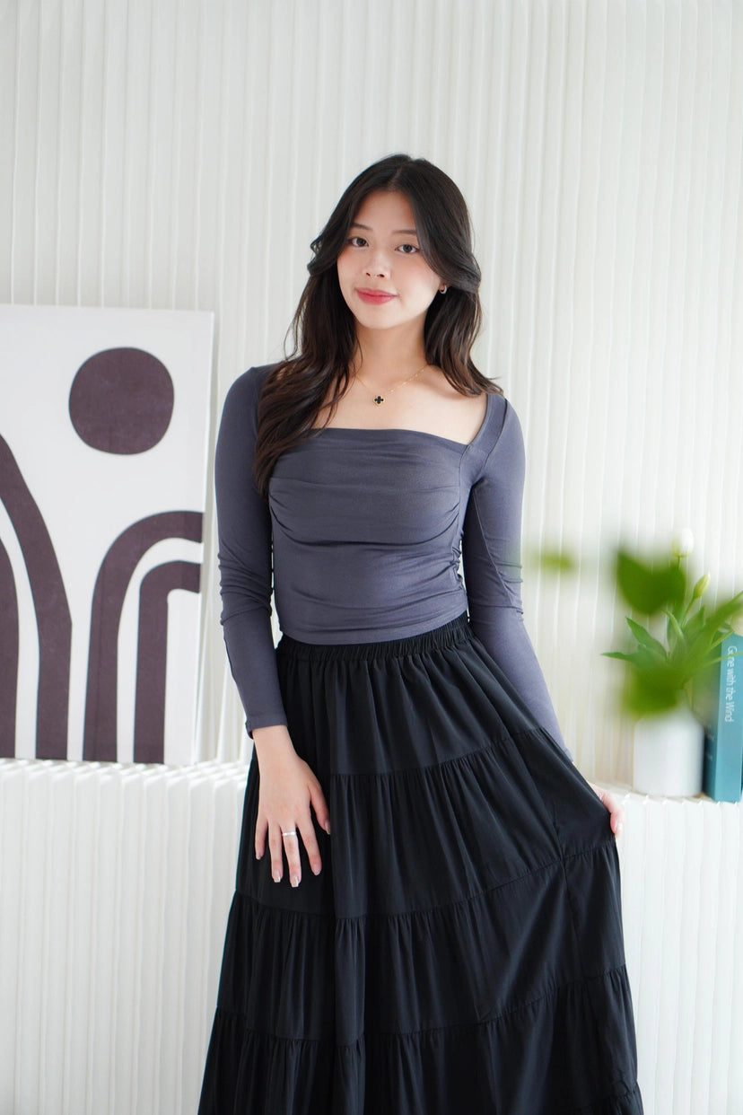 Brinley Padded Ruched Bust Long Sleeve Top in Grey