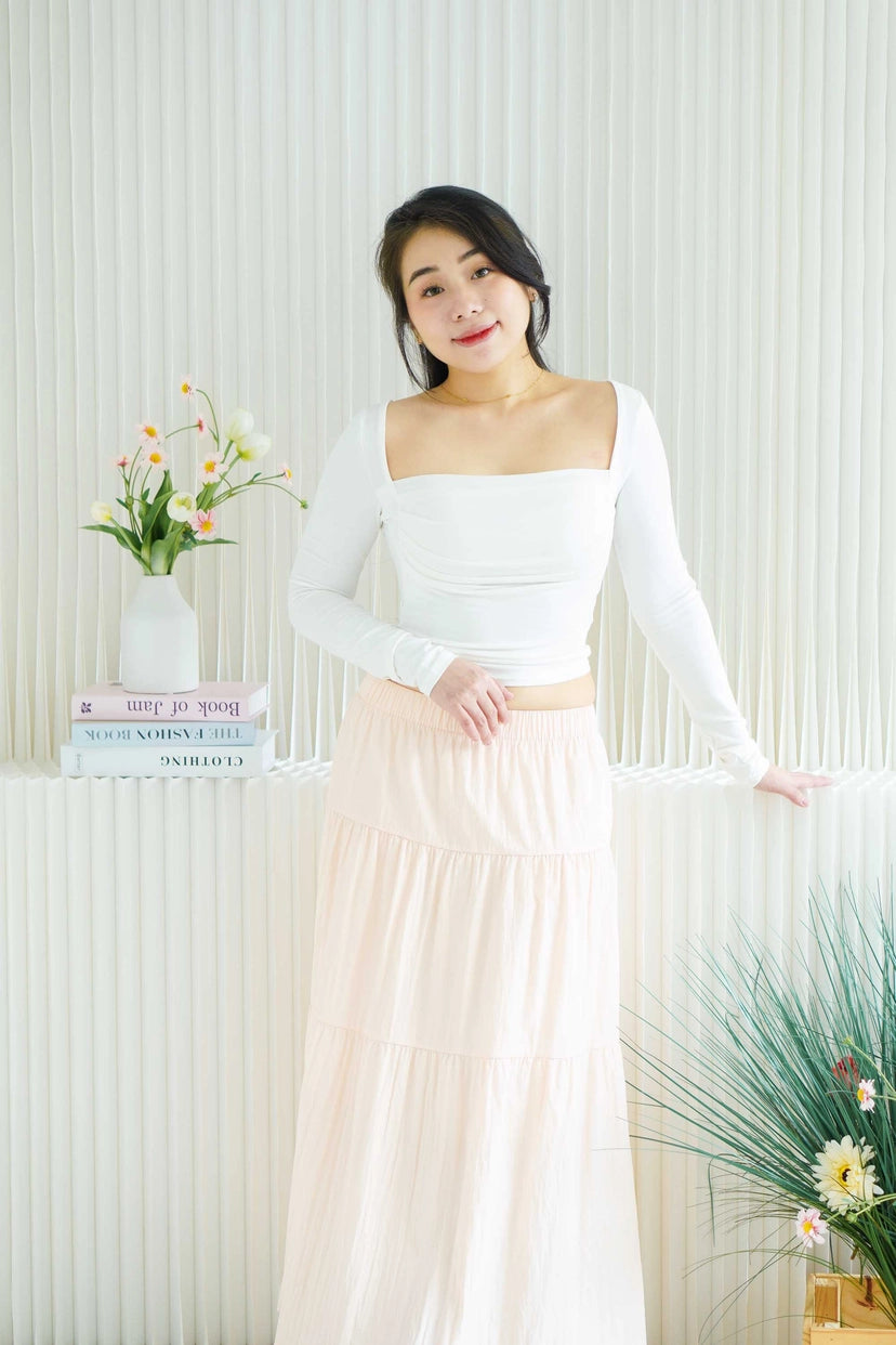 Brinley Padded Ruched Bust Long Sleeve Top in White