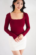 Frinda Square Neck Padded Long Sleeve Top with Lace in Red