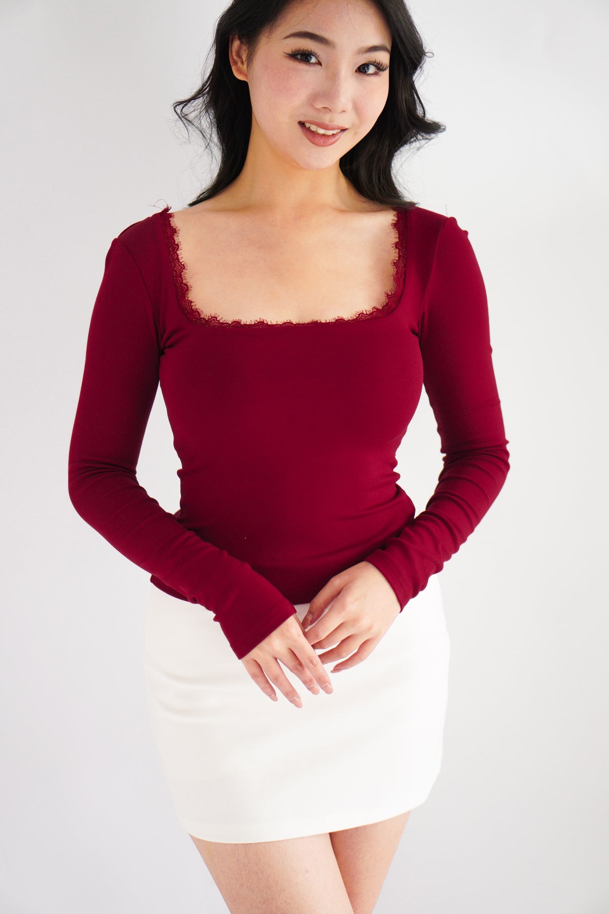 Frinda Square Neck Padded Long Sleeve Top with Lace in Red
