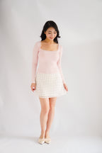 Frinda Square Neck Padded Long Sleeve Top with Lace in Pink