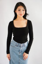 Frinda Square Neck Padded Long Sleeve Top with Lace in Black