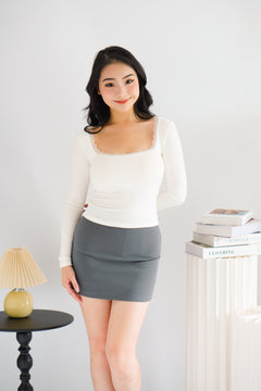Frinda Square Neck Padded Long Sleeve Top with Lace in White