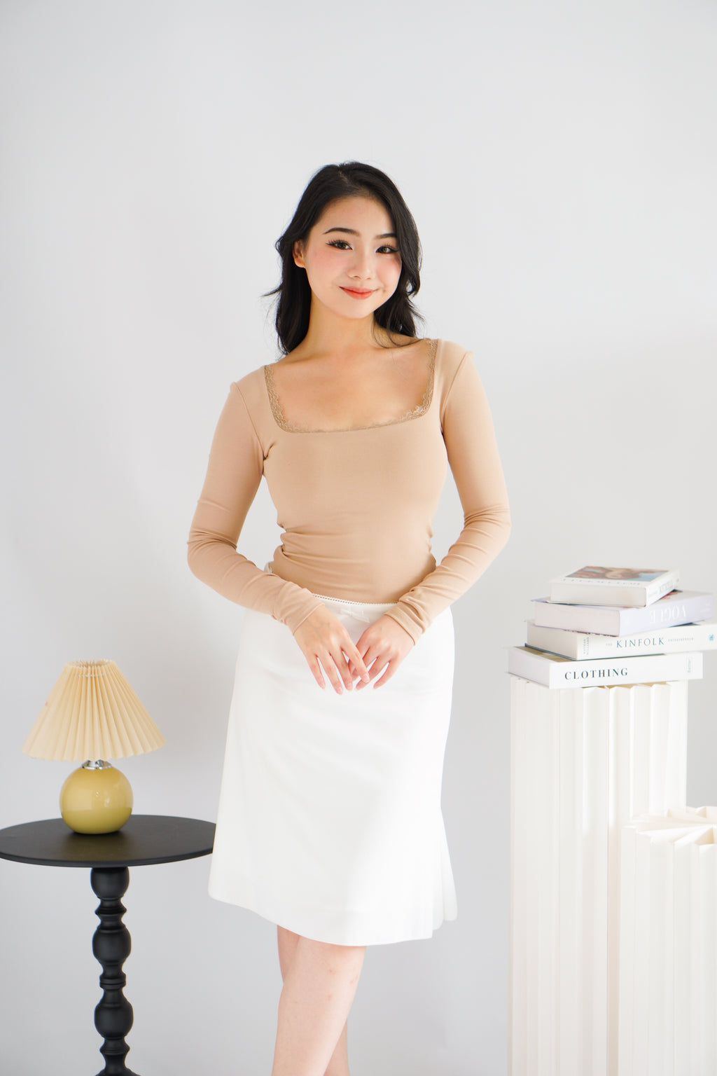 Frinda Square Neck Padded Long Sleeve Top with Lace in Nude