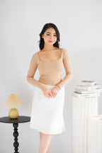 Frinda Square Neck Padded Long Sleeve Top with Lace in Nude
