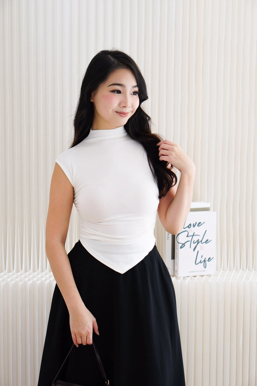 Elysia Basic High Neck Ruched Waist Top in White