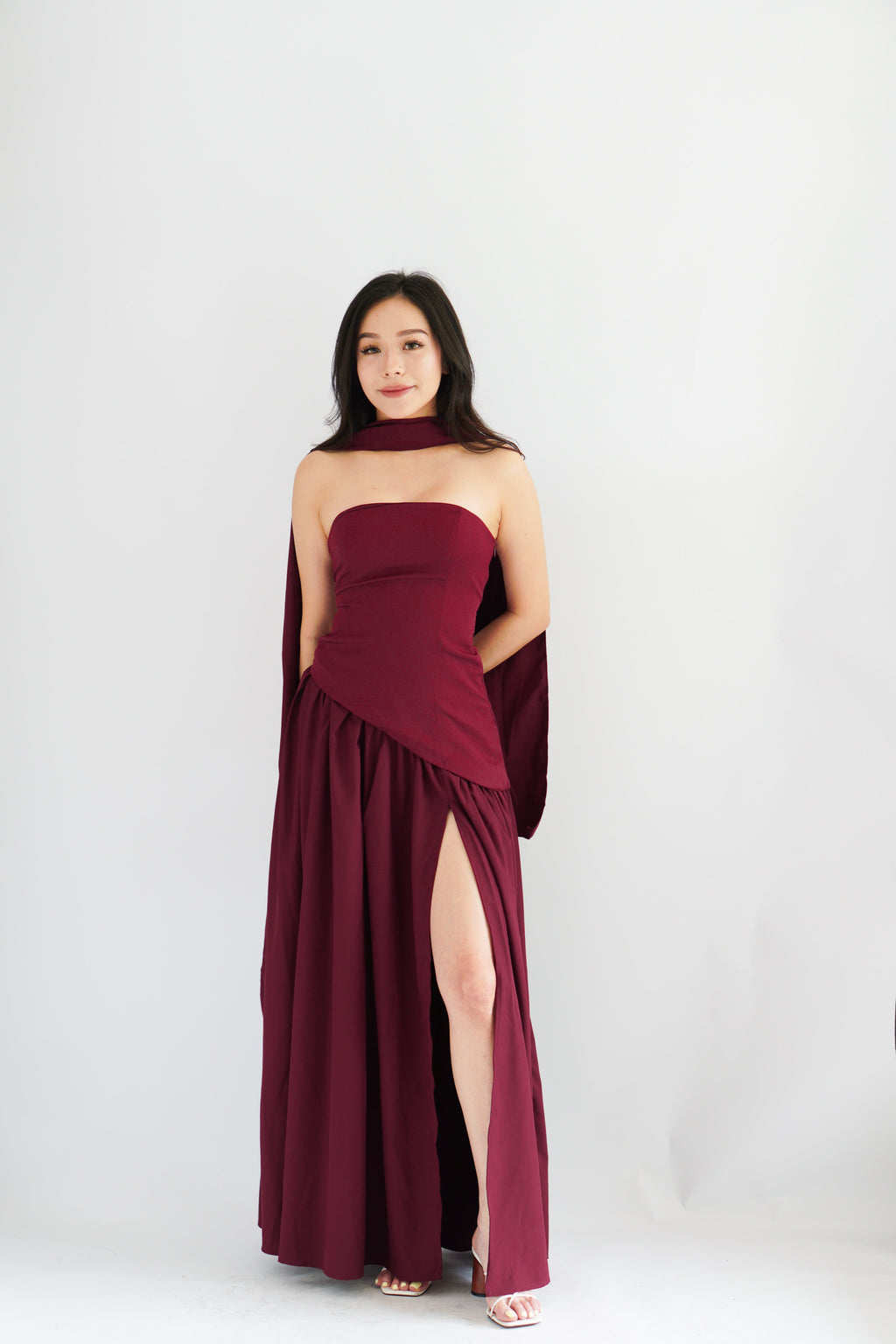 Dephora Tube Maxi Asymmetrical Dress with Sash in Dark Red