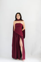 Dephora Tube Maxi Asymmetrical Dress with Sash in Dark Red