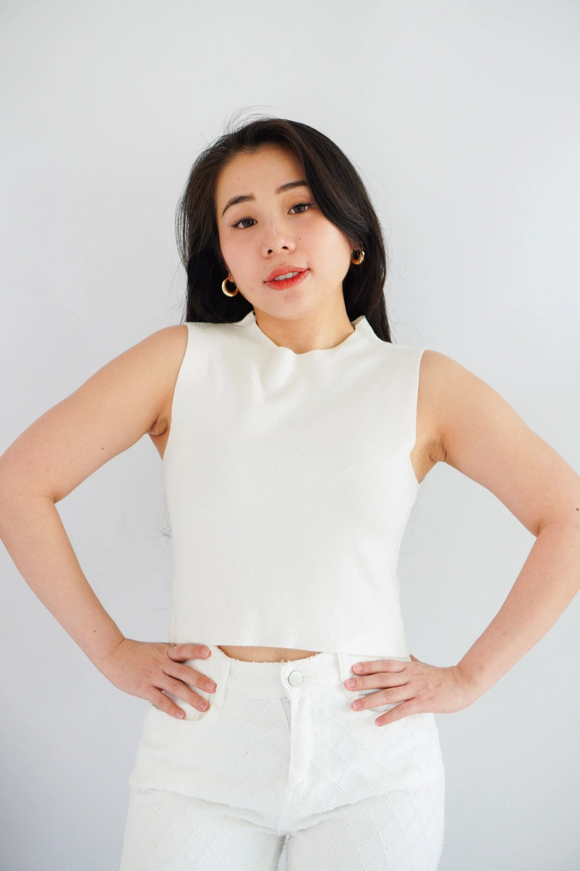 Patty Basic High Neck Knit Top in White