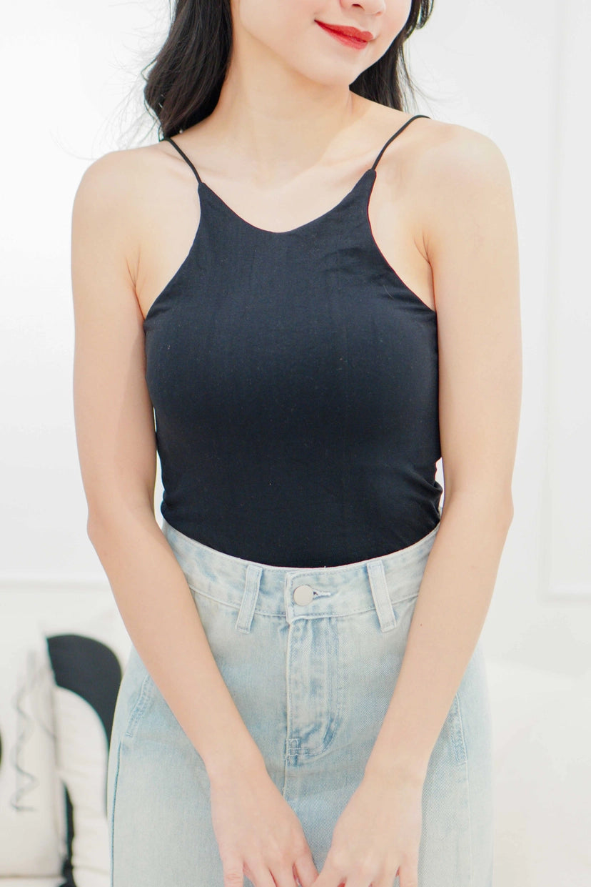 Peri Thin Strap Halter Neck Padded Top in Black