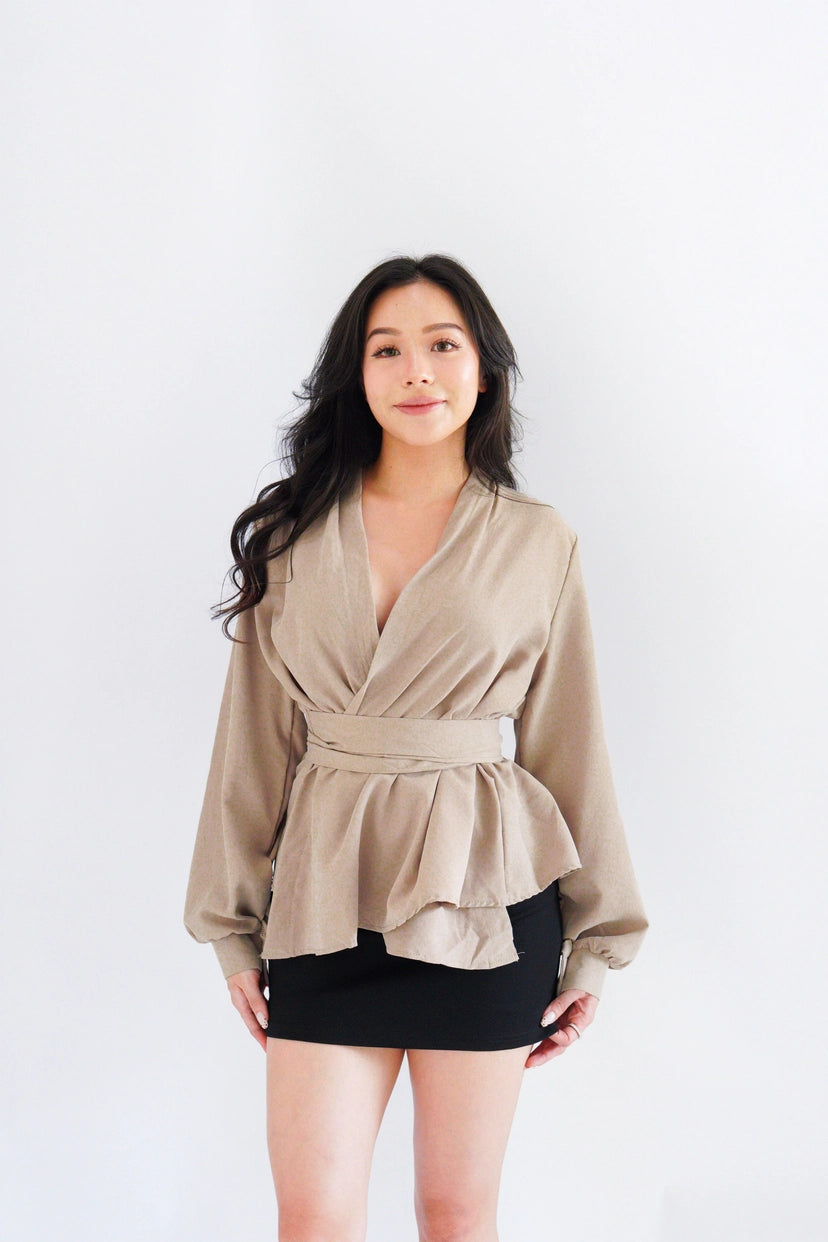 Raiya Self Wrap Long Sleeve Top in Khaki