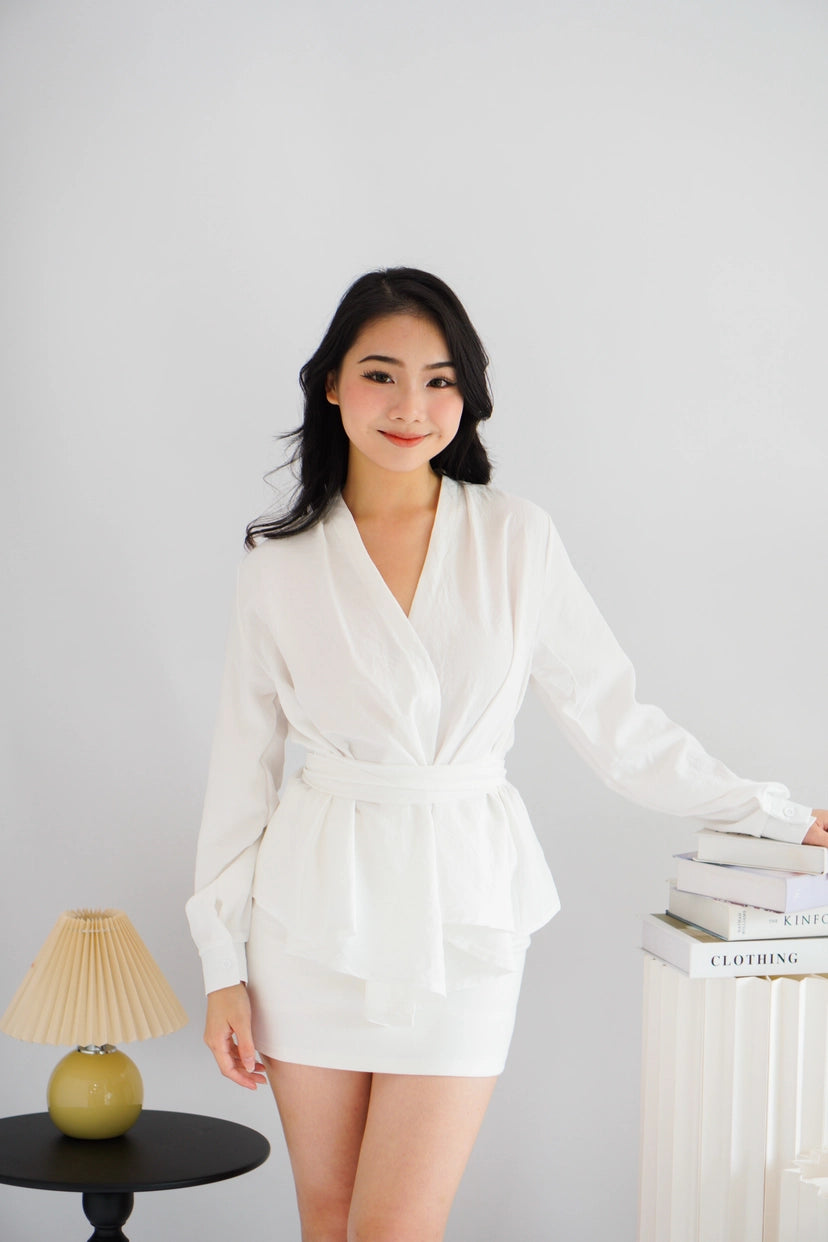 Raiya Self Wrap Long Sleeve Top in White