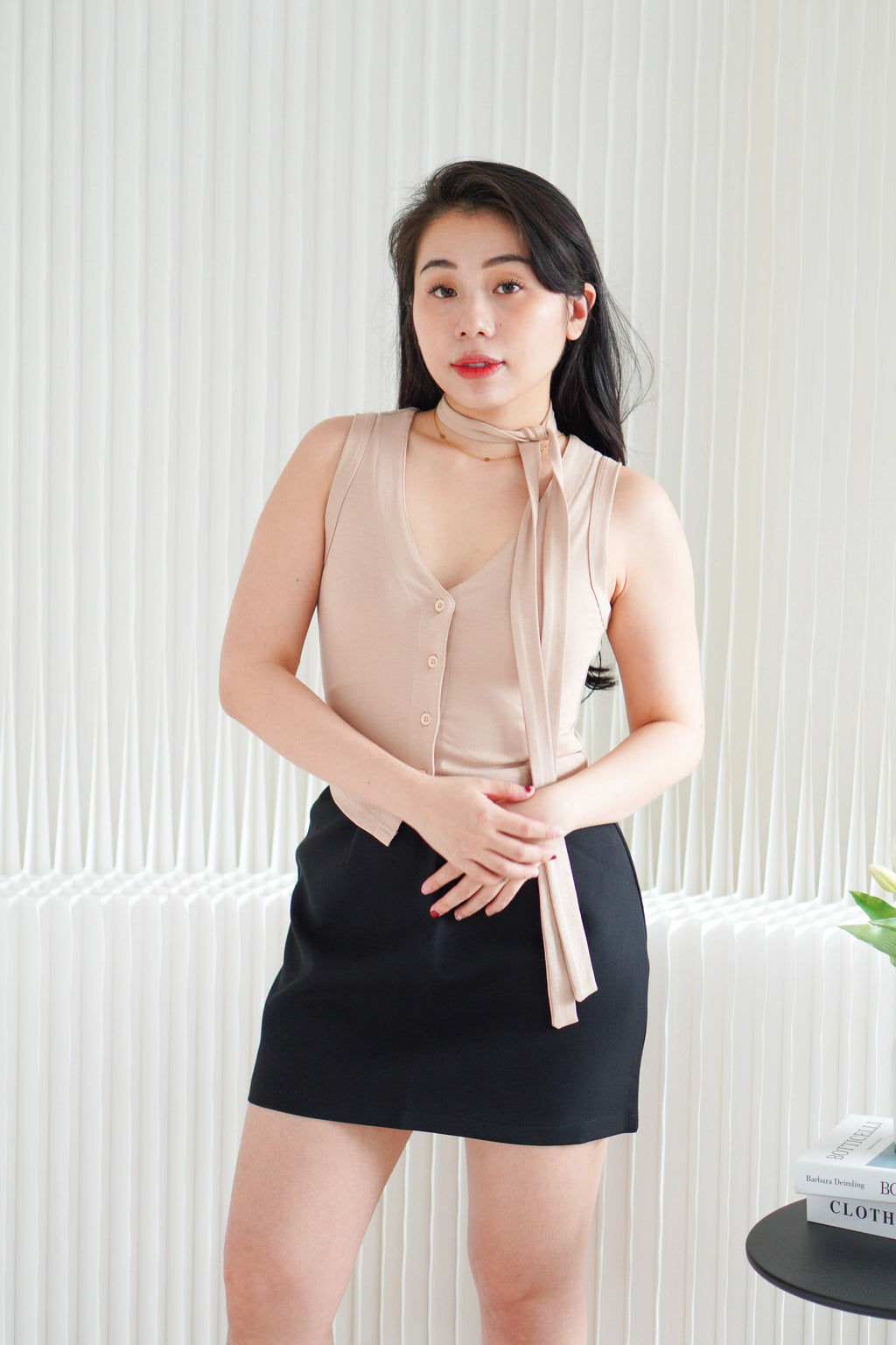 Ruphie Button Sleeveless Top with Choker Sash in Khaki