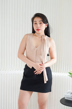 Ruphie Button Sleeveless Top with Choker Sash in Khaki