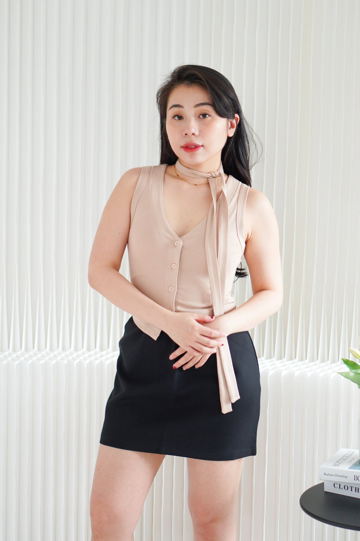 Ruphie Button Sleeveless Top with Choker Sash in Khaki