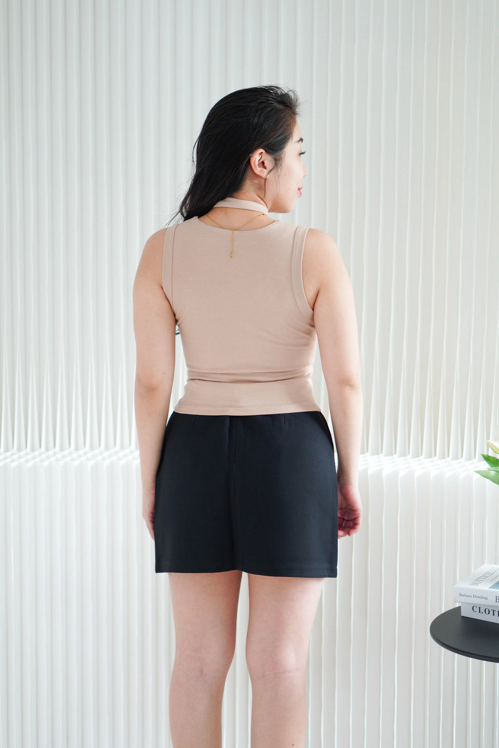 Ruphie Button Sleeveless Top with Choker Sash in Khaki