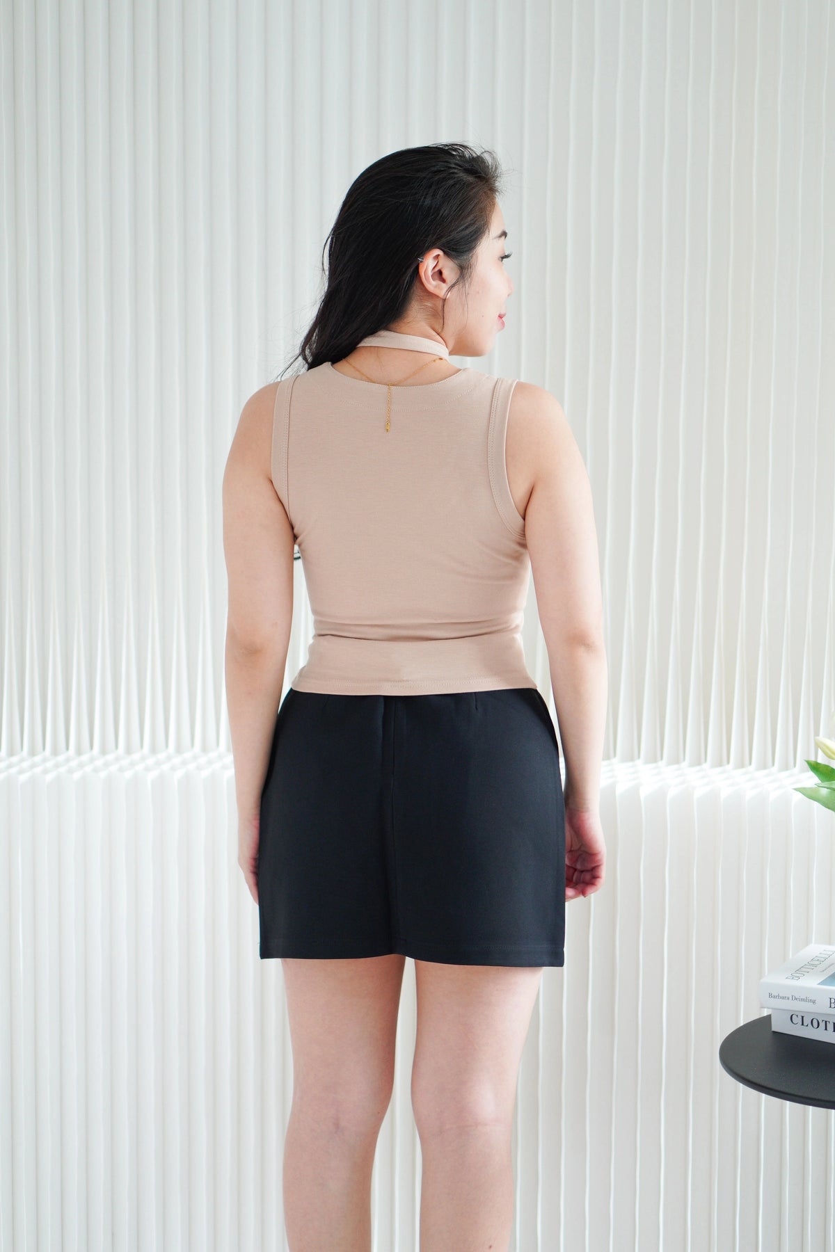 Ruphie Button Sleeveless Top with Choker Sash in Khaki