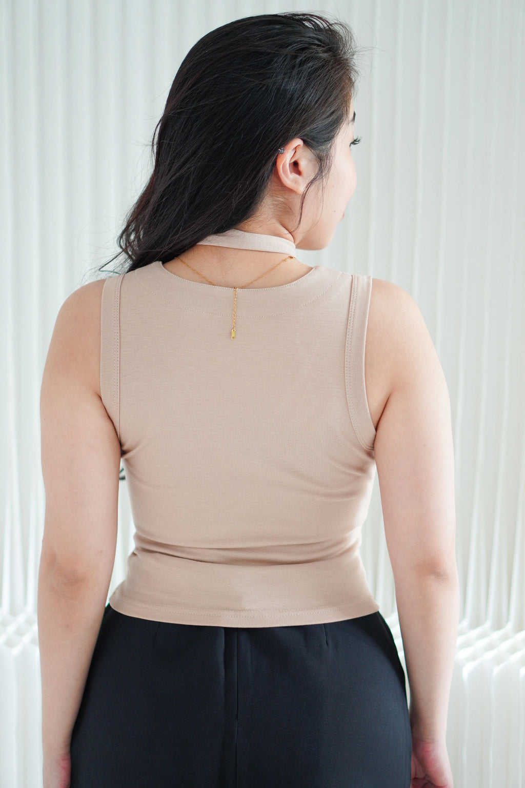 Ruphie Button Sleeveless Top with Choker Sash in Khaki