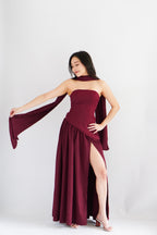 Dephora Tube Maxi Asymmetrical Dress with Sash in Dark Red