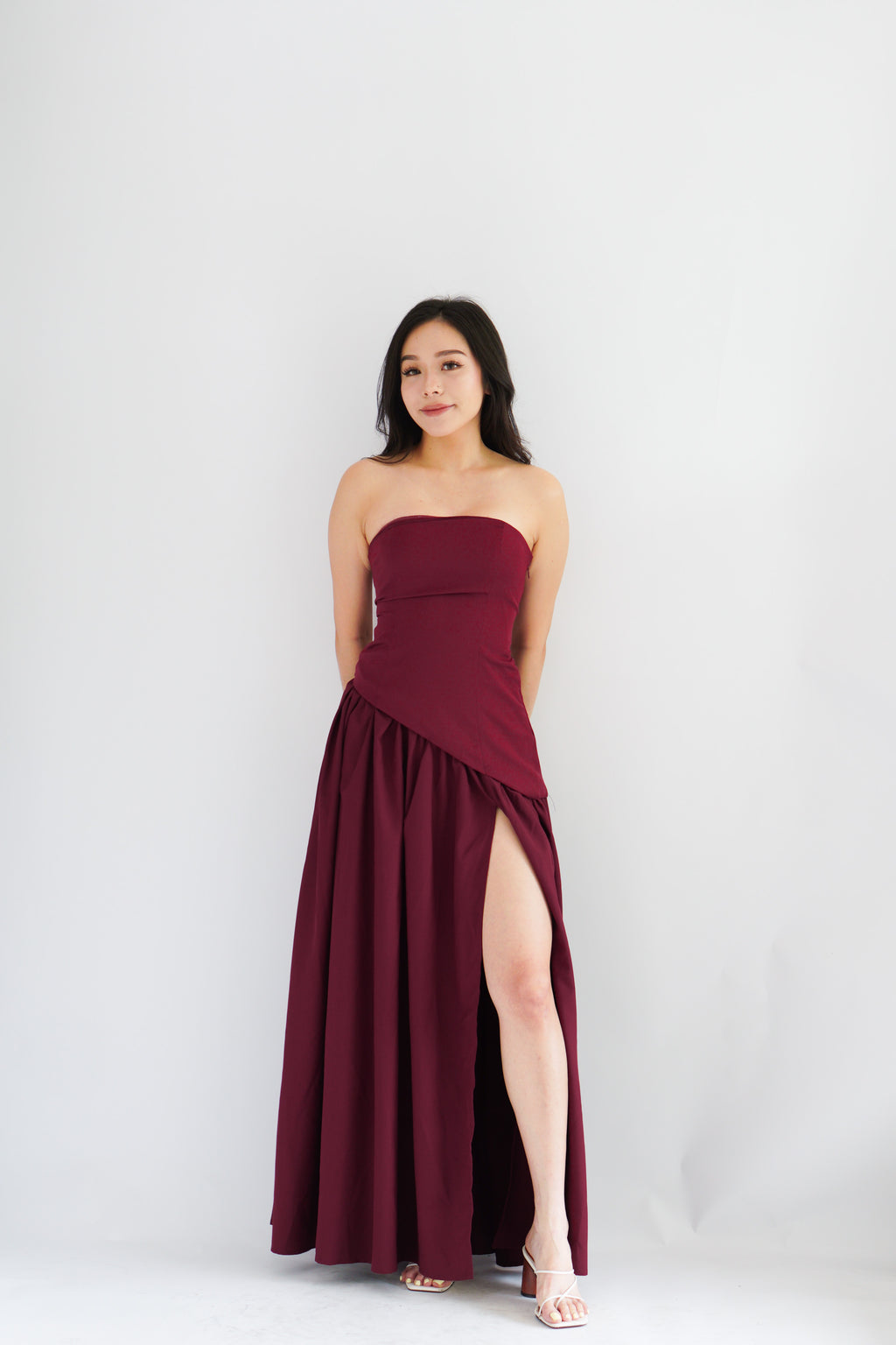 Dephora Tube Maxi Asymmetrical Dress with Sash in Dark Red