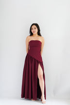 Dephora Tube Maxi Asymmetrical Dress with Sash in Dark Red