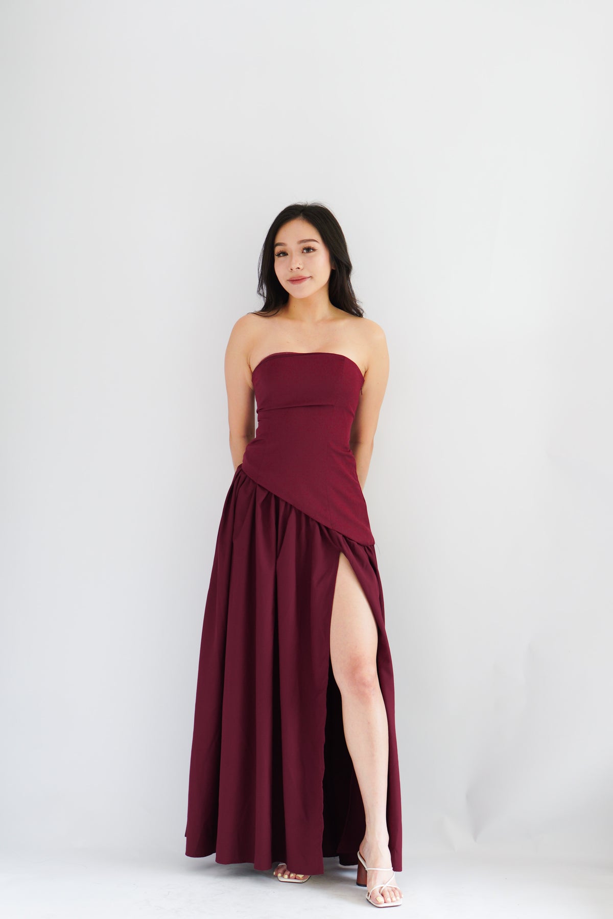 Dephora Tube Maxi Asymmetrical Dress with Sash in Dark Red