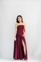 Dephora Tube Maxi Asymmetrical Dress with Sash in Dark Red