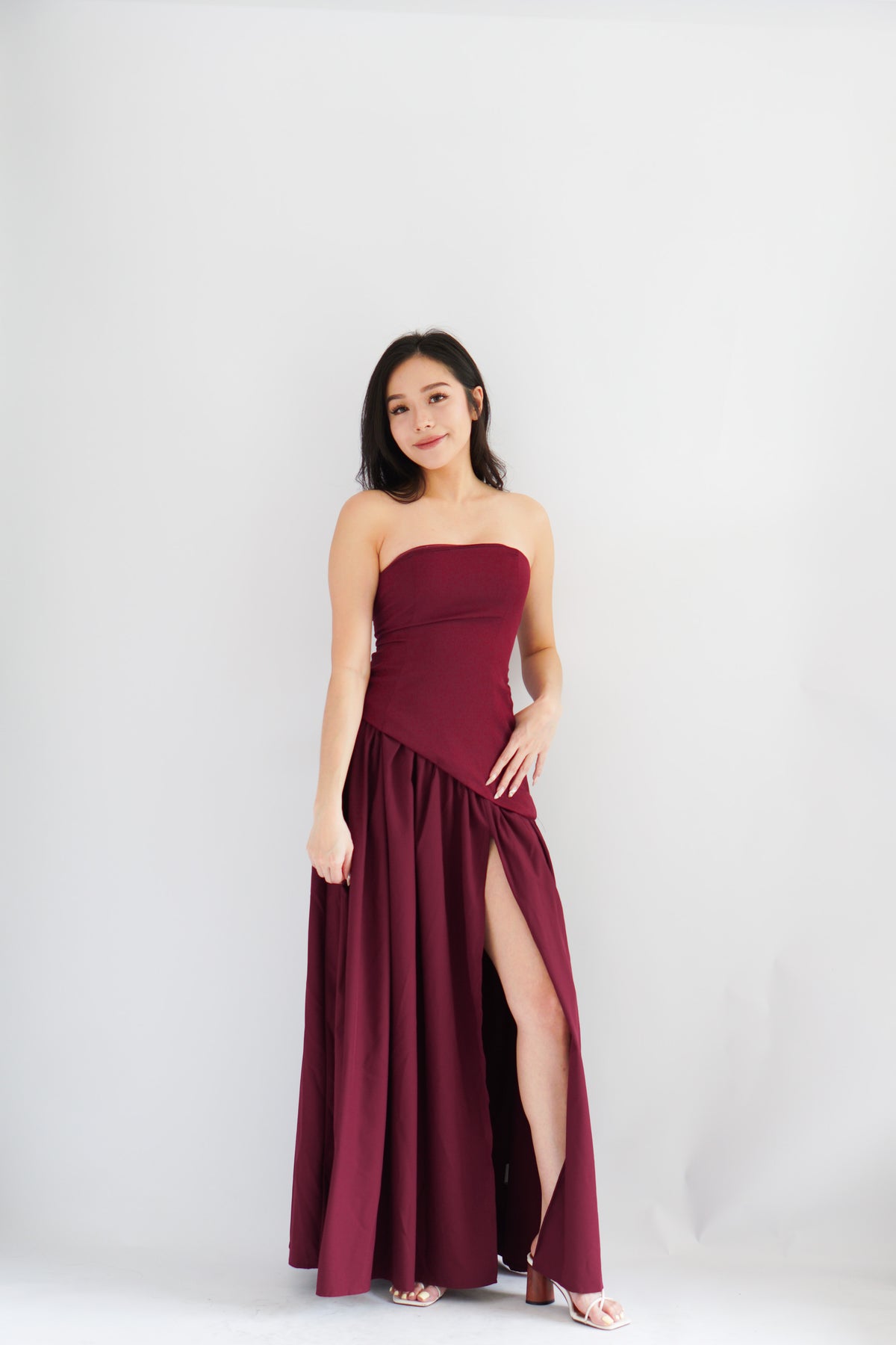 Dephora Tube Maxi Asymmetrical Dress with Sash in Dark Red