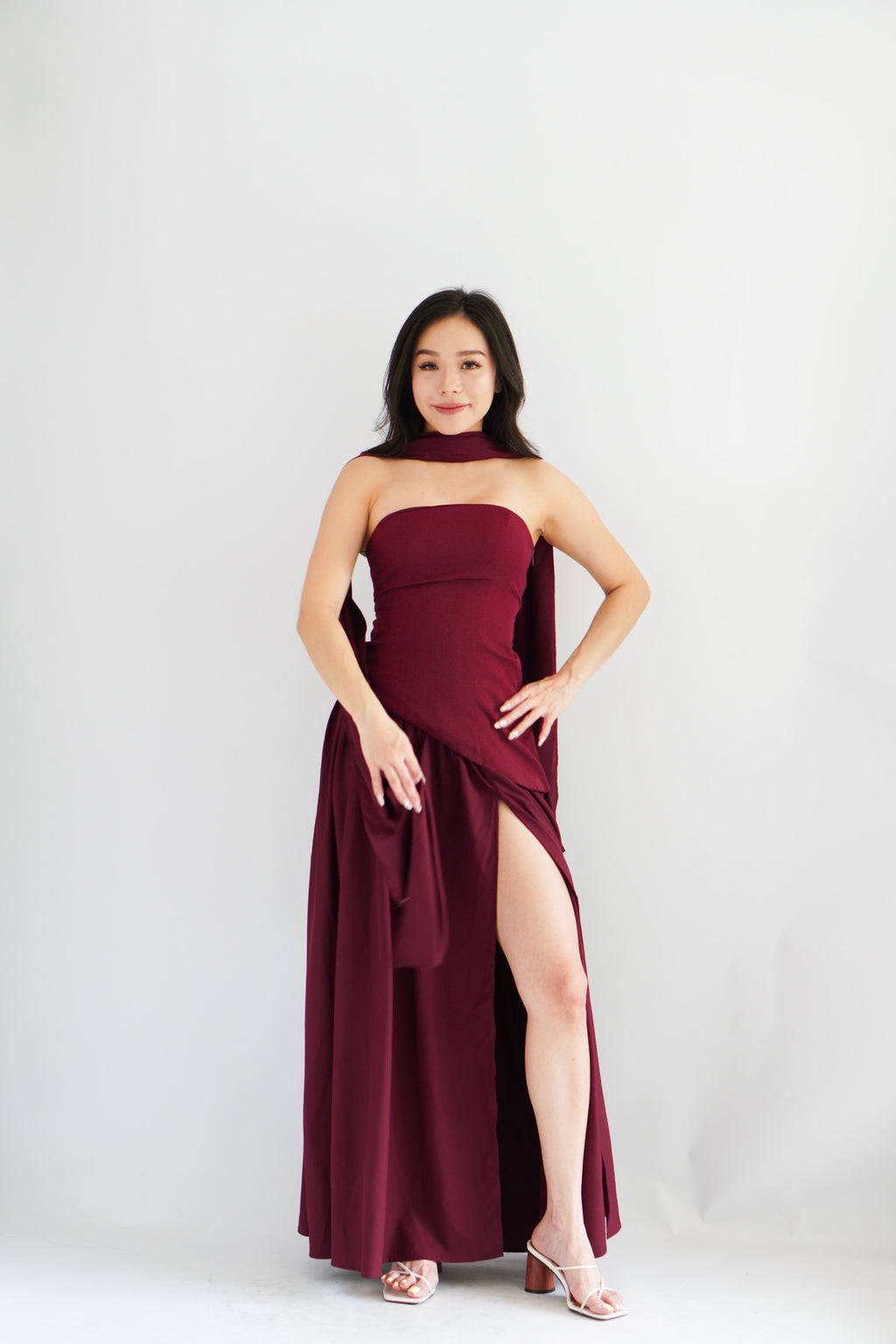 Dephora Tube Maxi Asymmetrical Dress with Sash in Dark Red