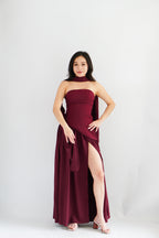 Dephora Tube Maxi Asymmetrical Dress with Sash in Dark Red