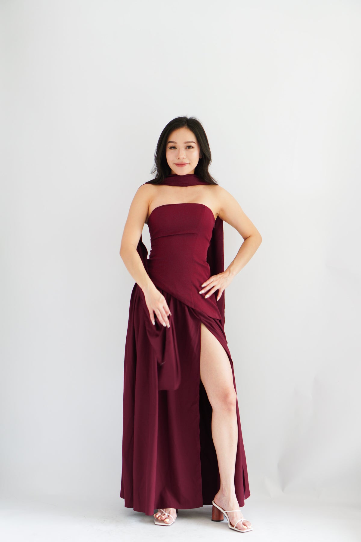 Dephora Tube Maxi Asymmetrical Dress with Sash in Dark Red