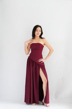 Dephora Tube Maxi Asymmetrical Dress with Sash in Dark Red