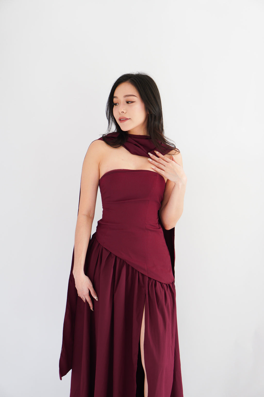 Dephora Tube Maxi Asymmetrical Dress with Sash in Dark Red