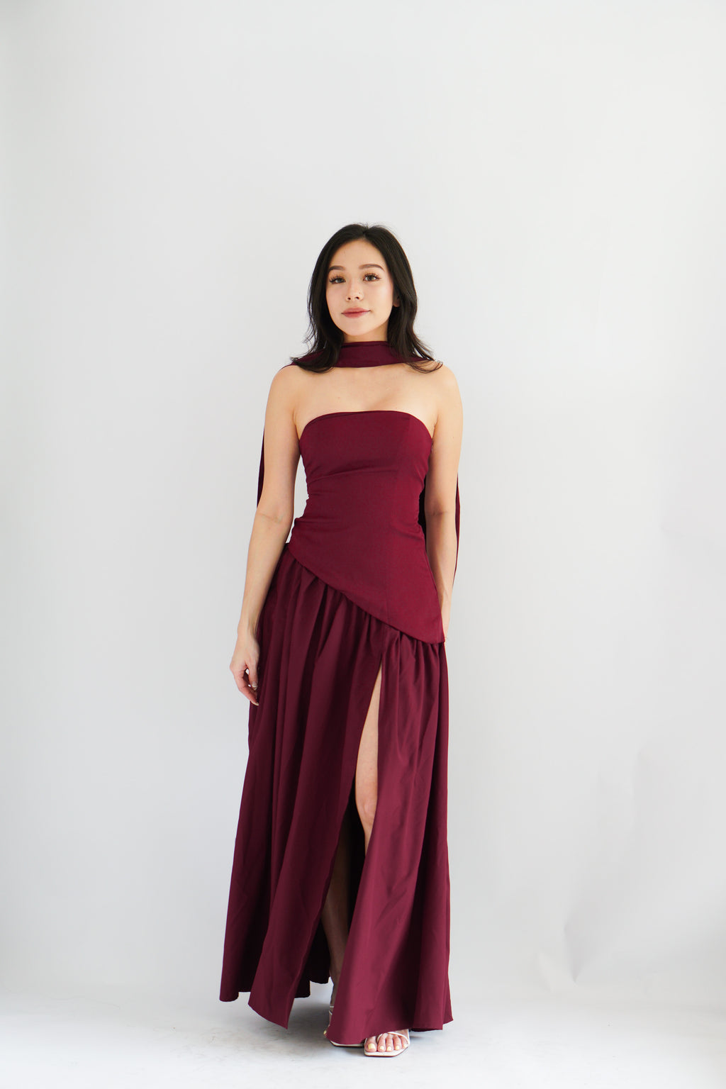 Dephora Tube Maxi Asymmetrical Dress with Sash in Dark Red